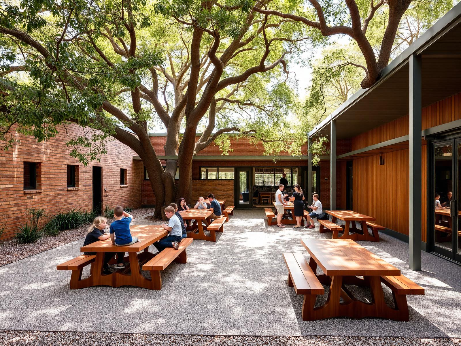 School courtyard with hardwood outdoor tables under a native canopy
